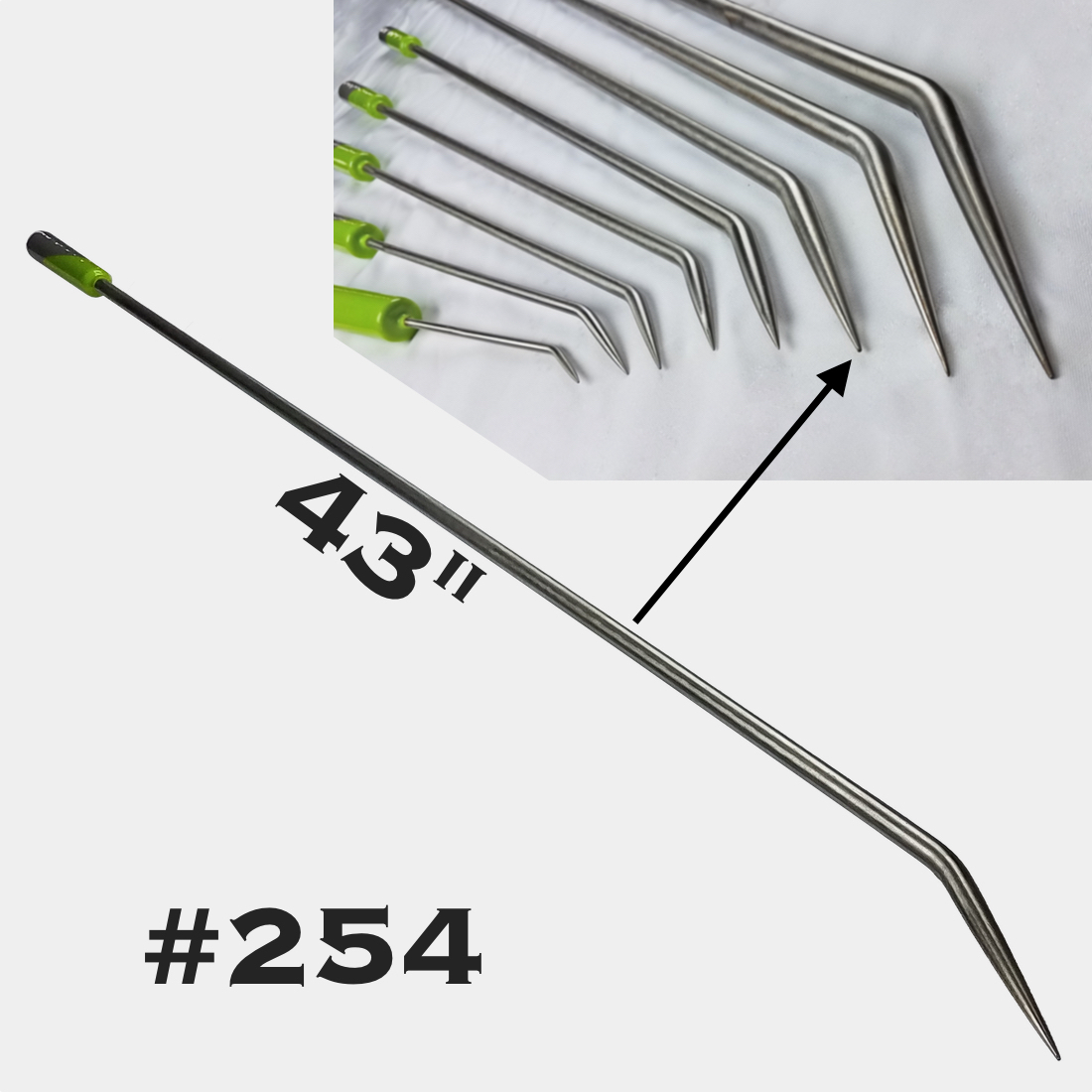 #254 – 43″ long, 1/2 diameter, sharp Inline pick