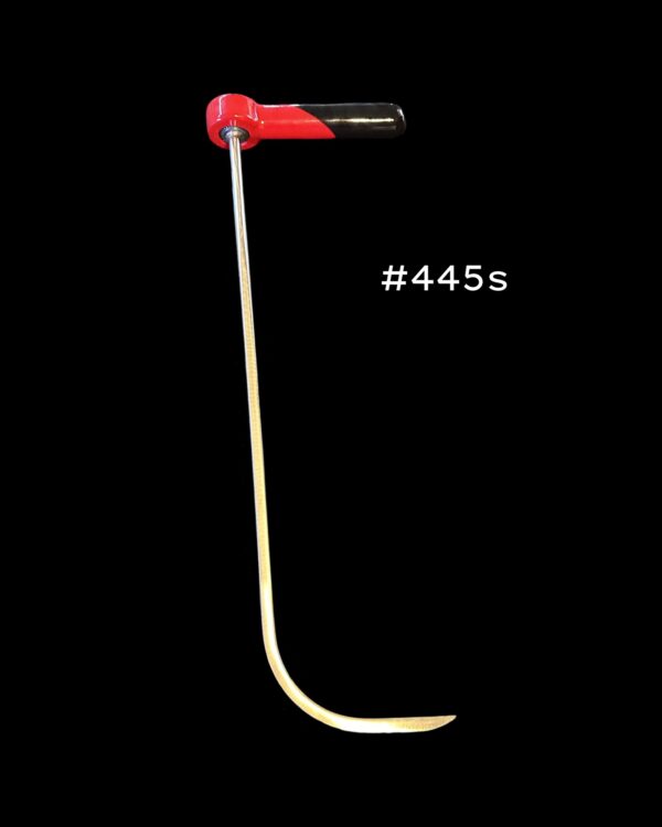 #445s- 18″ long, 3/8″ diameter, MT Sharp, 5″ foot, rounded 90 degree bend.